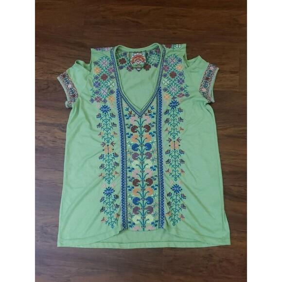 Johnny Was Tops - Johnny Was Cold Shoulder Embroidered V-Neck Top Size Small Light Green Boho